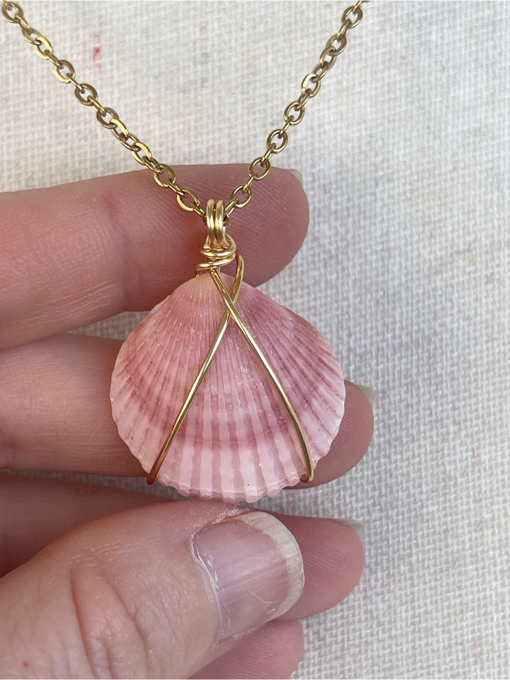 Pink Shell Pendant Necklace Gold Wire Wrapped Handmade